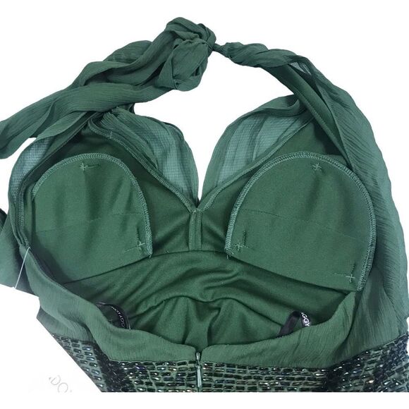 Maggy London Green Crepey Halter Beaded Gown Dress - Picture 8 of 13